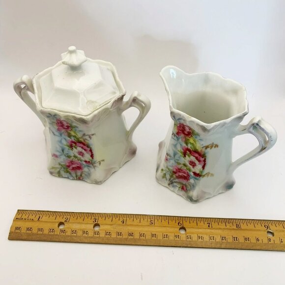 Antique Bavarian Porcelain Floral Gilded Creamer Sugar Set - Picture 8 of 11